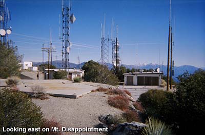 View east toward the communications equipment with snow-covered Mt. Baldy in the distance